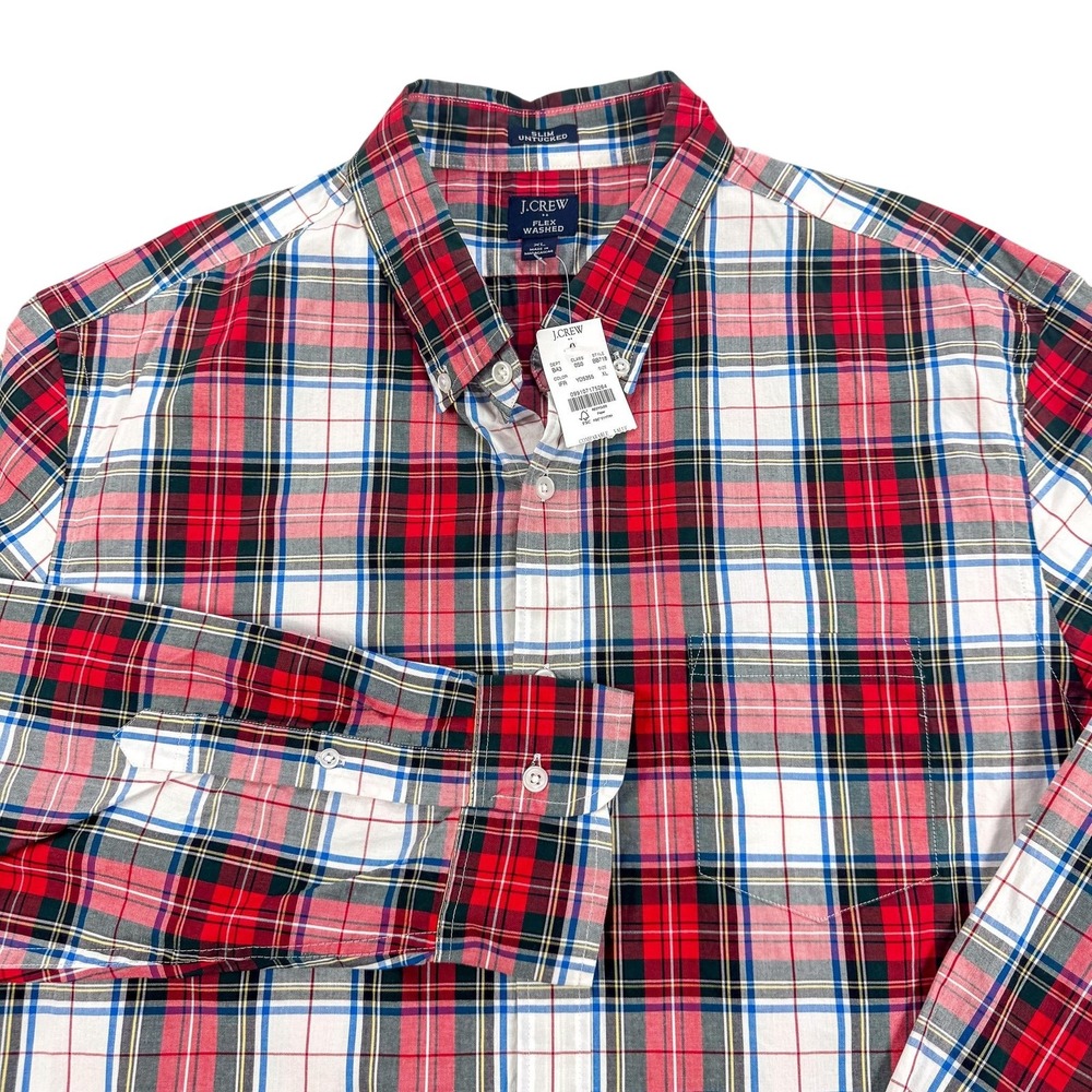 J Crew Flex Washed Shirt Mens XL Red Plaid Slim Untucked Button Down BB718 NEW